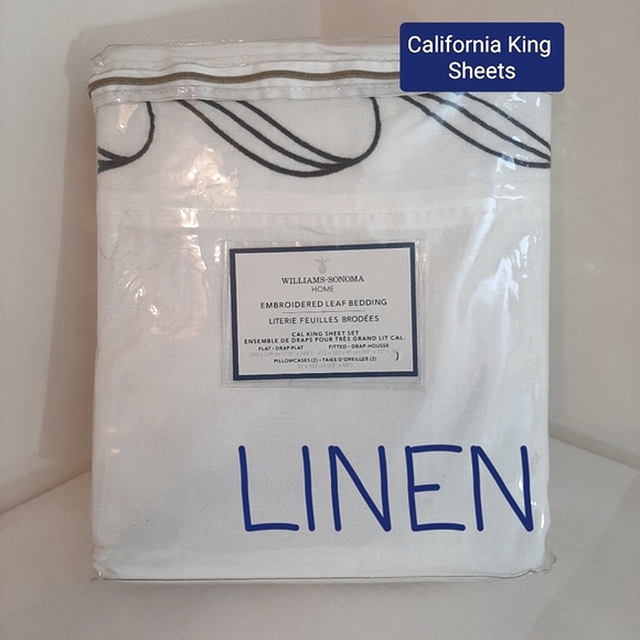 ***Williams Sonoma Linen Embroidered Leaf California King Sheet Set
